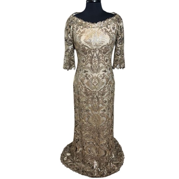 Tadashi Shoji Dresses & Skirts - Tadashi Shoji Jemison Champagne Latte Sequin Embroidered Gown Dress Size 8